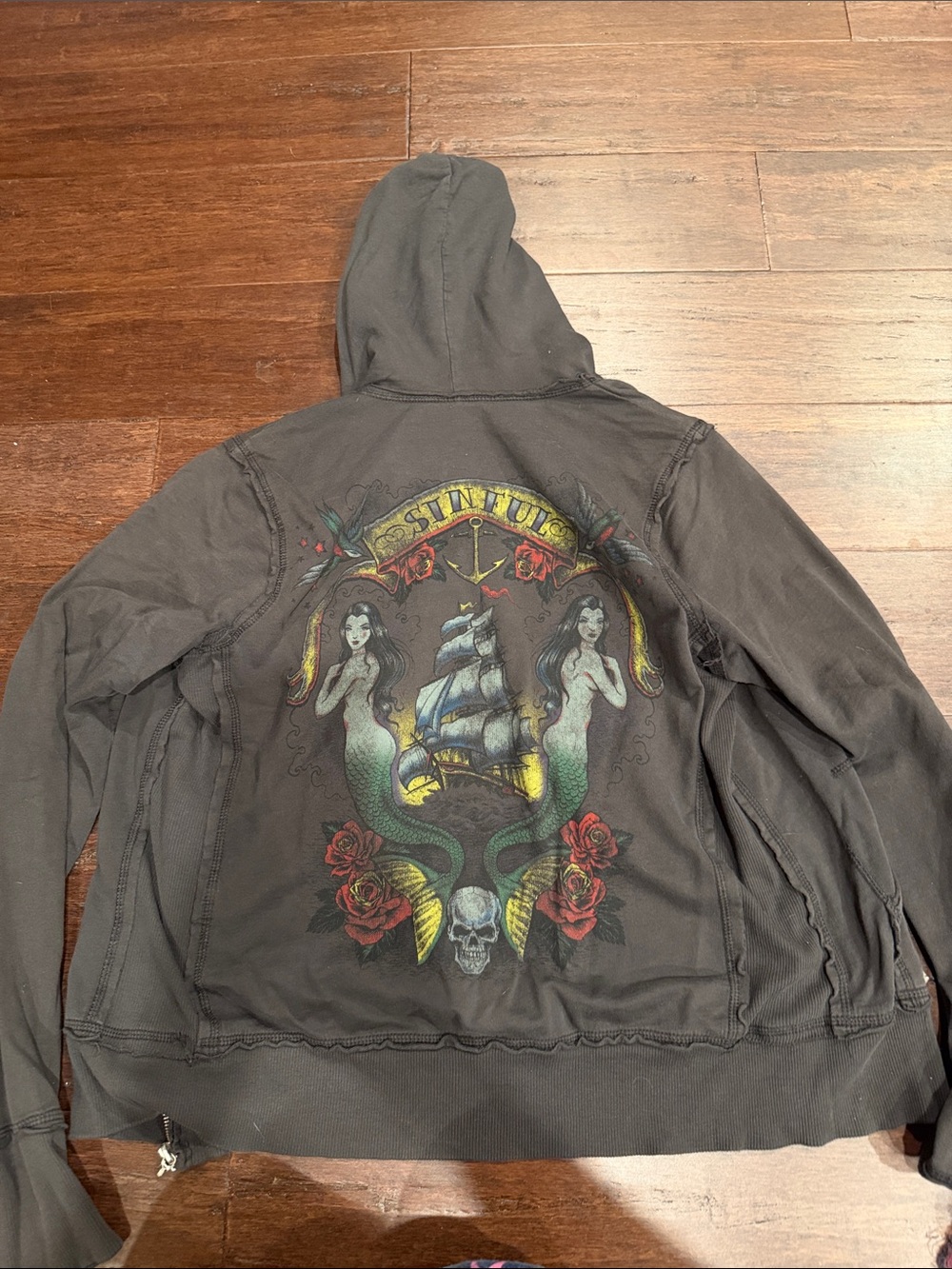 Sinful Black Hoodie Jacket with Nautical Mermaid Graphic